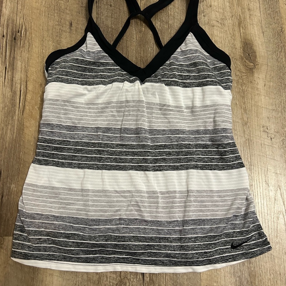 Nike Women's Black and White Striped Swim Top